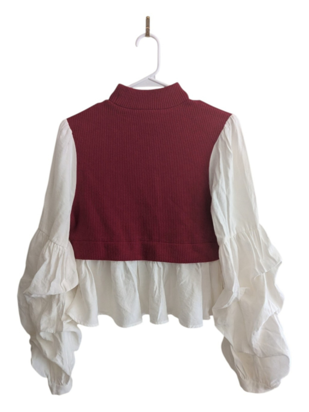 Anthropologie Burgundy White Mock Neck Puff Sleeve Peplum Sweater Blouse M - Picture 3 of 6